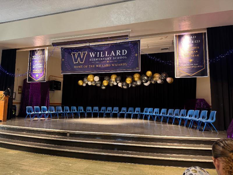 New Willard Elementary banners hung above the auditorium stage